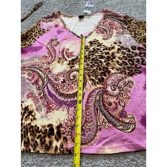 Bila Woman Top Paisley Leopard Print Sz 1X Beaded Sheer Split Sleeves Boho NWOT - Picture 4 of 7
